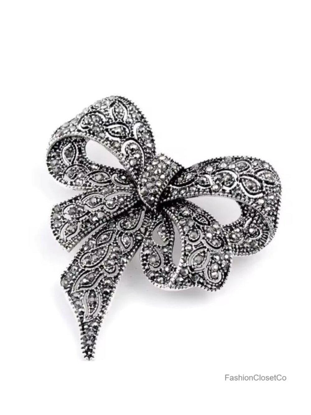 Vintage Crystal Bow Brooch Pin Rhinestone Antique Silver Art Deco